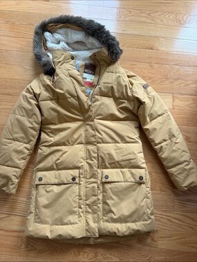 Roxy women’s Tan Puffer Jacket with Faux-Fur Trim Hood